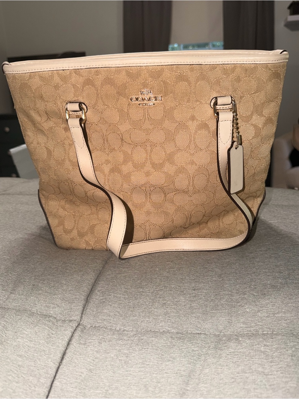 Coach Beige Signature Canvas Tote with Cream Trim